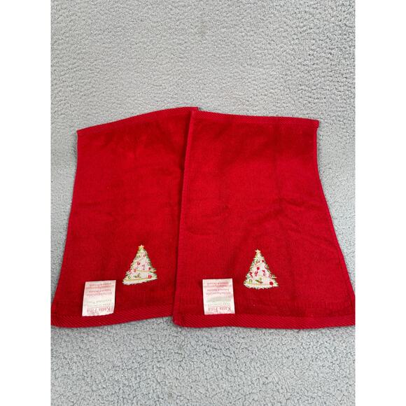 Kassa Fina Home Collection Red Hand Towels Set Of 2 Christmas Tree Design - Picture 2 of 3